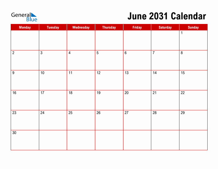 Simple Monthly Calendar - June 2031