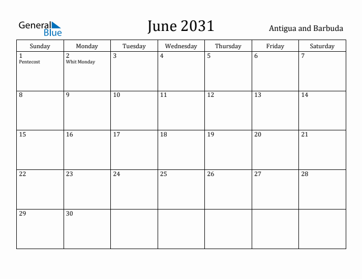 June 2031 Calendar Antigua and Barbuda