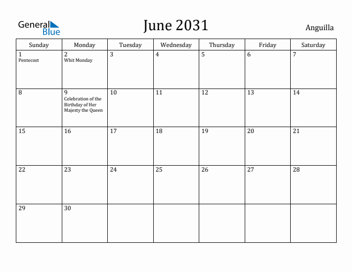 June 2031 Calendar Anguilla