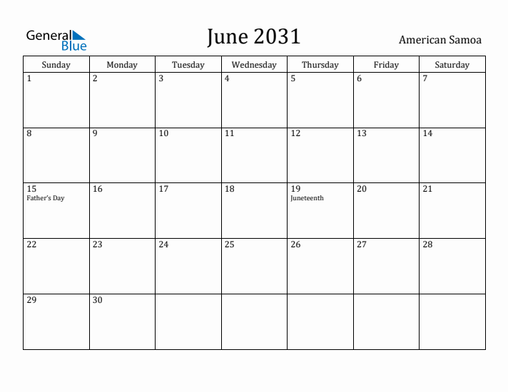June 2031 Calendar American Samoa