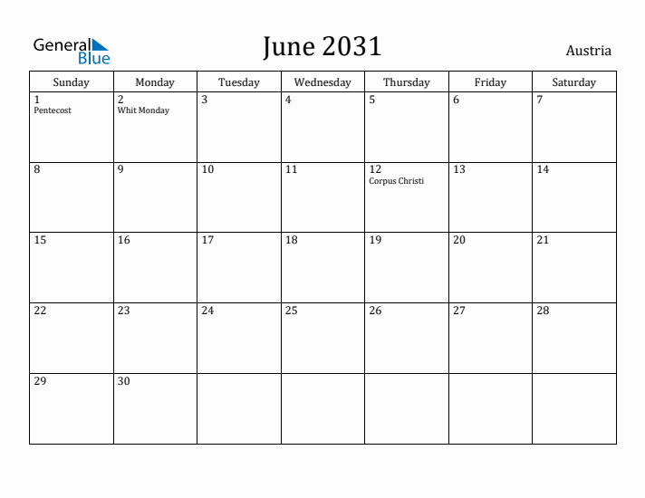 June 2031 Calendar Austria