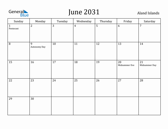 June 2031 Calendar Aland Islands