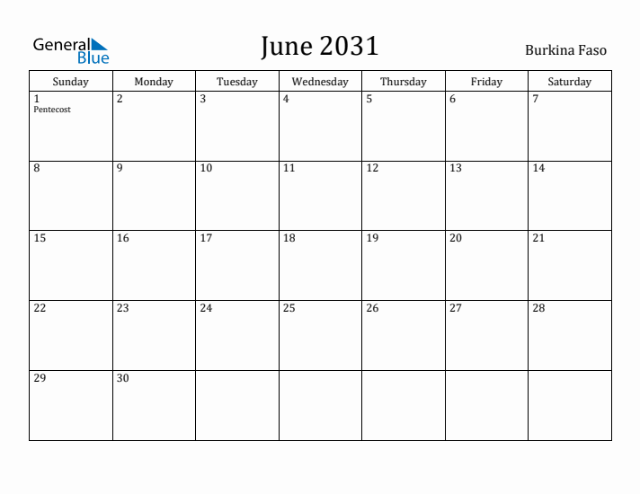 June 2031 Calendar Burkina Faso