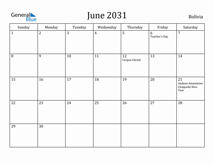 June 2031 Calendar Bolivia