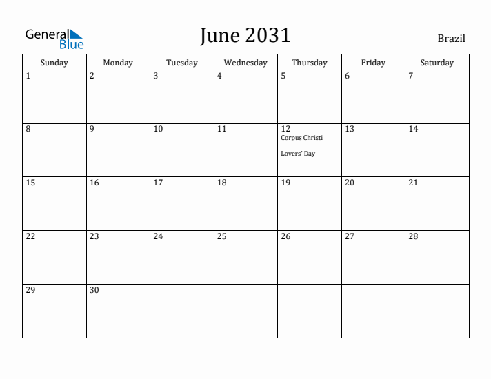 June 2031 Calendar Brazil