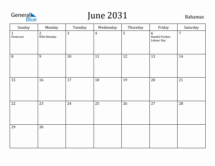 June 2031 Calendar Bahamas