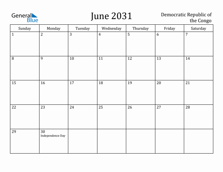 June 2031 Calendar Democratic Republic of the Congo