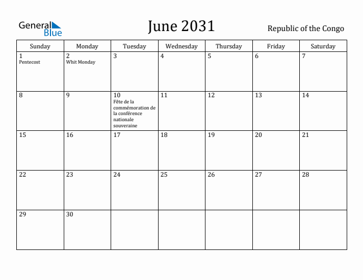 June 2031 Calendar Republic of the Congo