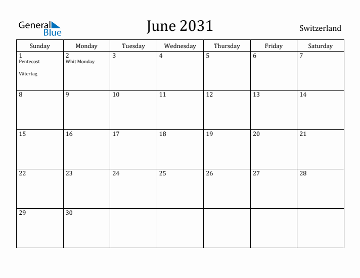 June 2031 Calendar Switzerland