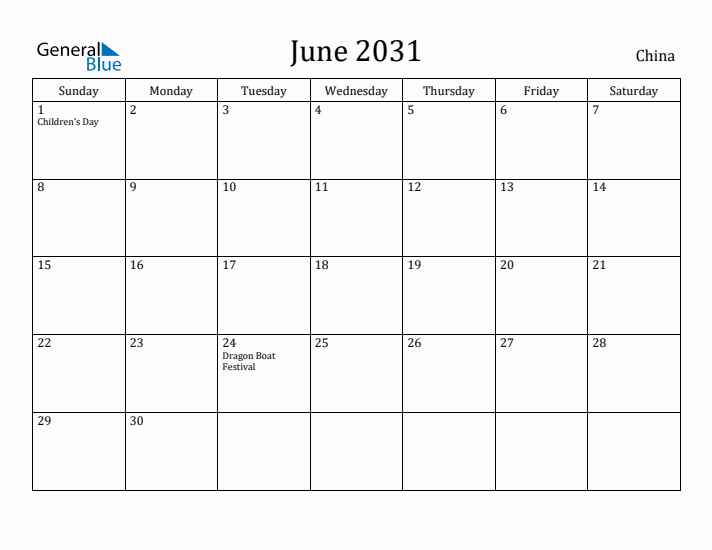 June 2031 Calendar China