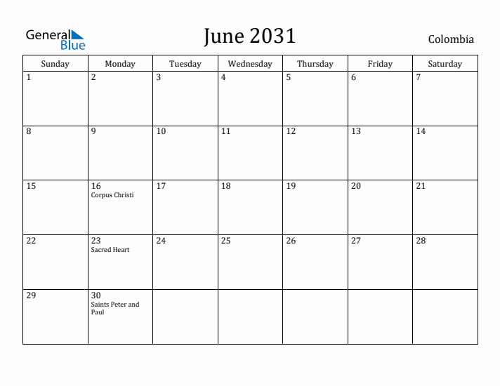 June 2031 Calendar Colombia