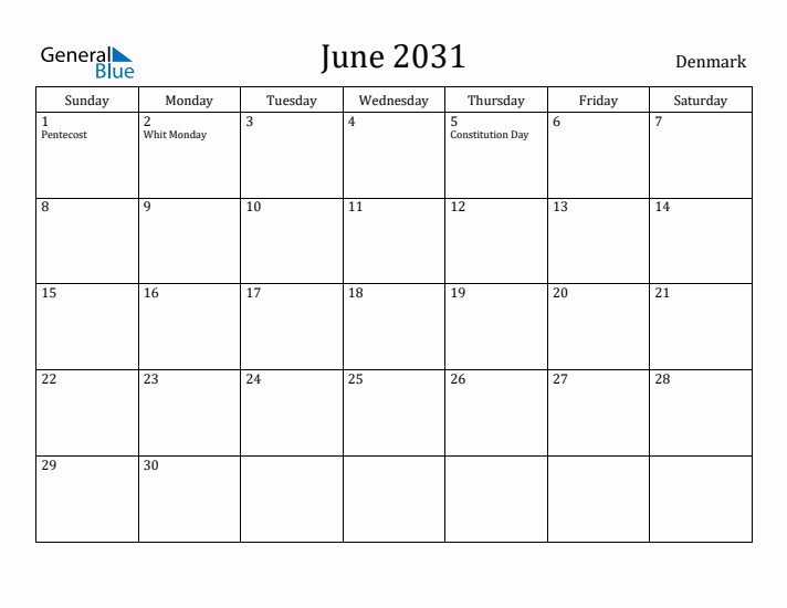 June 2031 Calendar Denmark