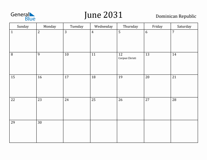 June 2031 Calendar Dominican Republic