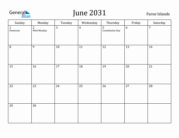 June 2031 Calendar Faroe Islands