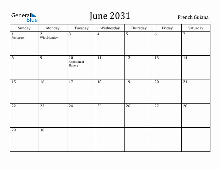 June 2031 Calendar French Guiana
