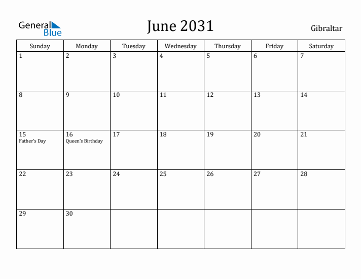 June 2031 Calendar Gibraltar