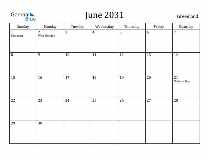 June 2031 Calendar Greenland