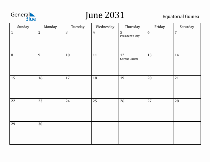 June 2031 Calendar Equatorial Guinea