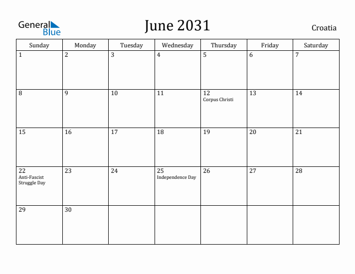 June 2031 Calendar Croatia