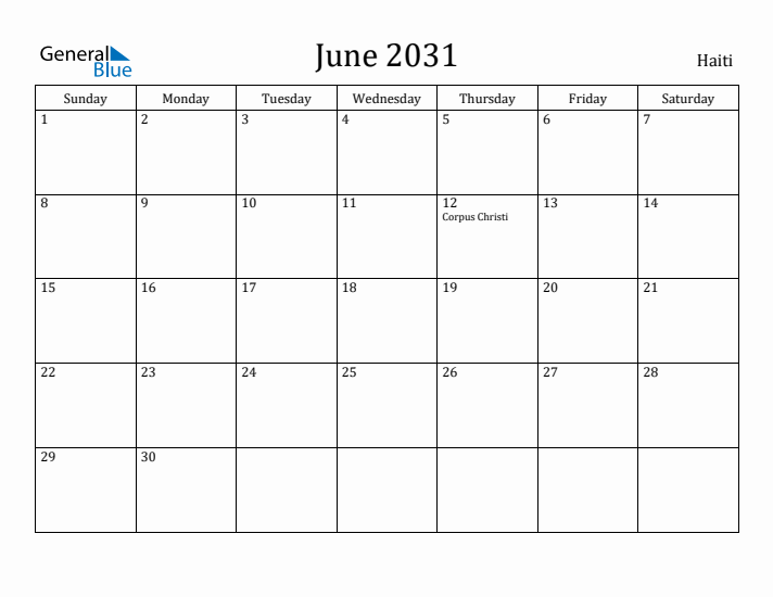 June 2031 Calendar Haiti