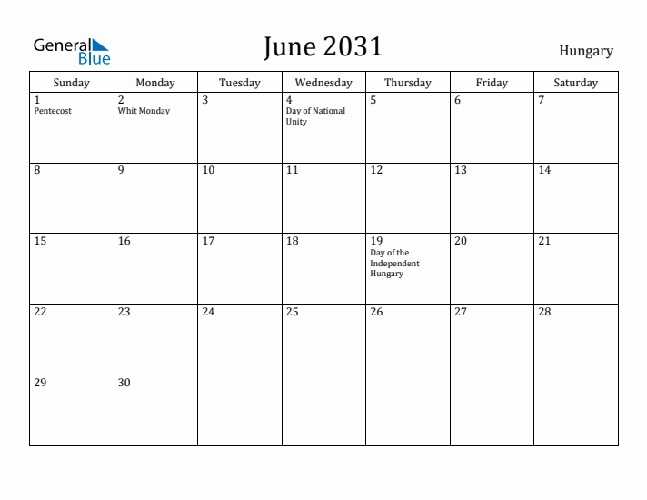 June 2031 Calendar Hungary