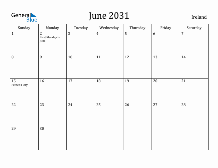 June 2031 Calendar Ireland