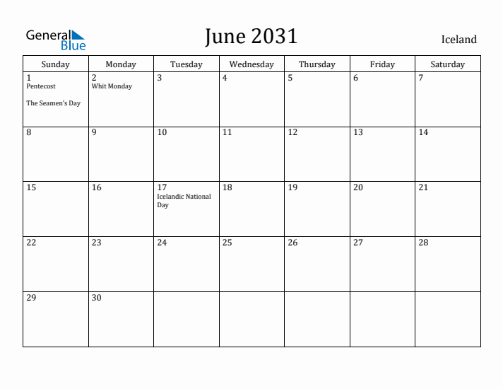 June 2031 Calendar Iceland