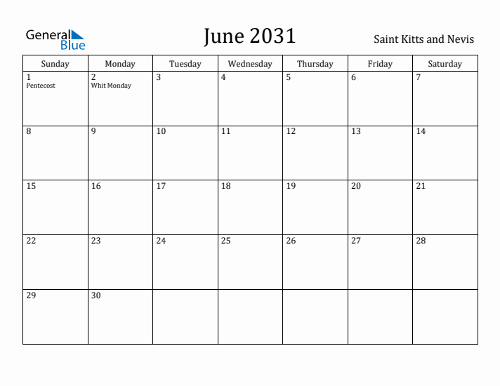 June 2031 Calendar Saint Kitts and Nevis