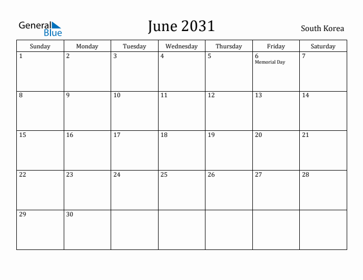 June 2031 Calendar South Korea