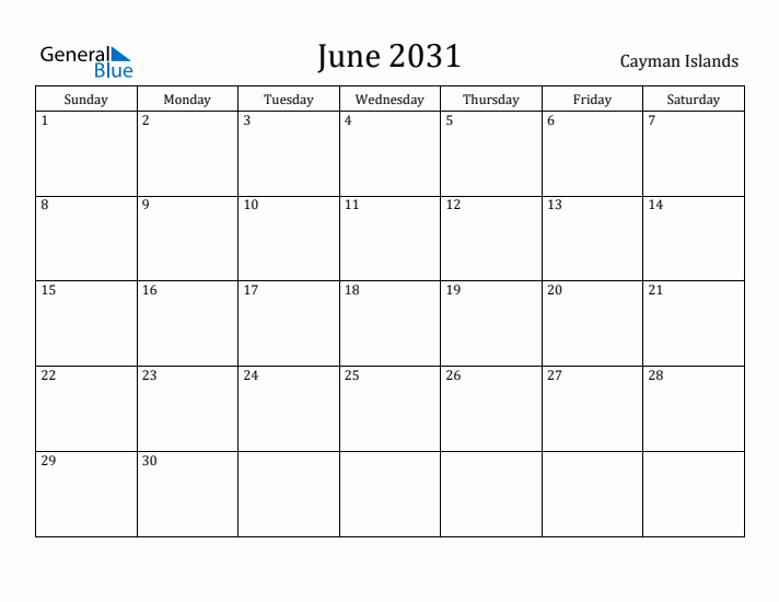 June 2031 Calendar Cayman Islands