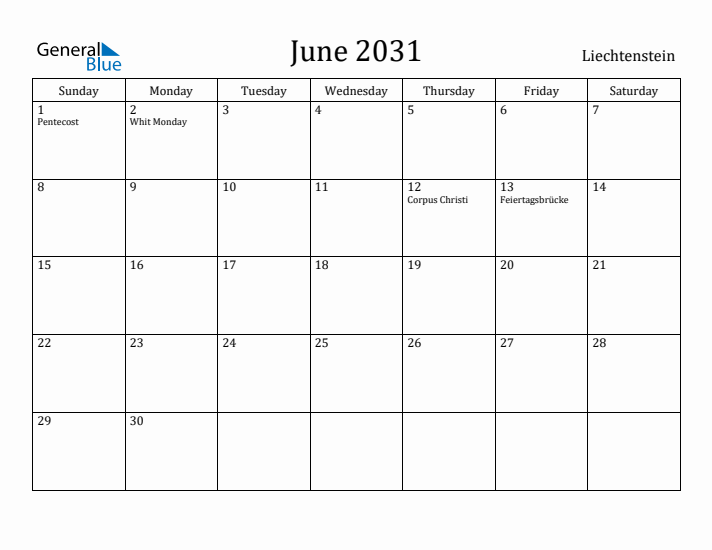 June 2031 Calendar Liechtenstein