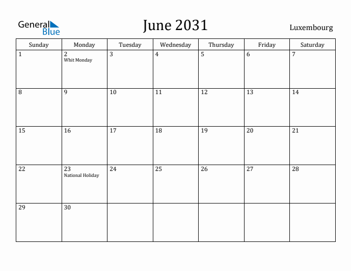 June 2031 Calendar Luxembourg