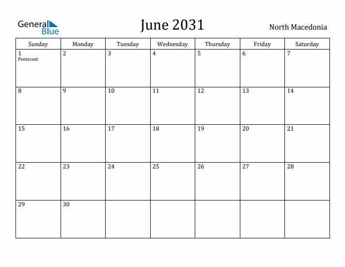 June 2031 Calendar North Macedonia