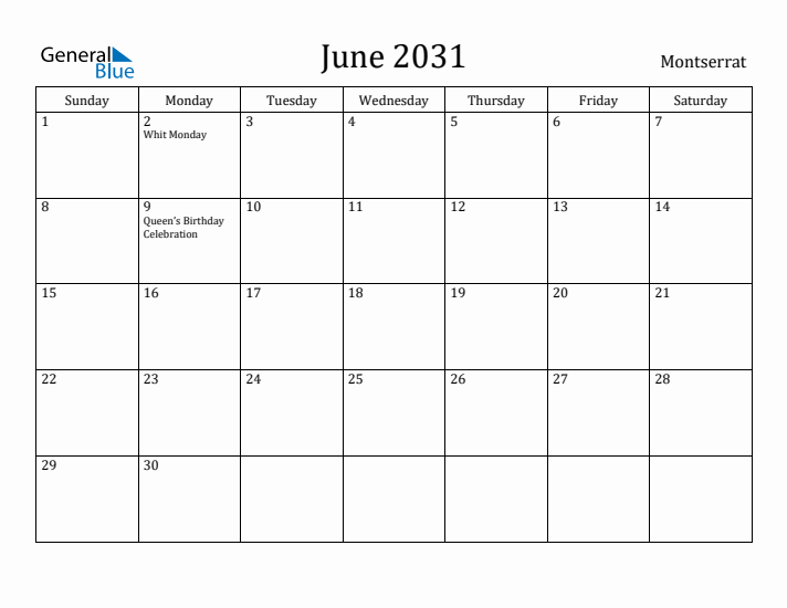 June 2031 Calendar Montserrat