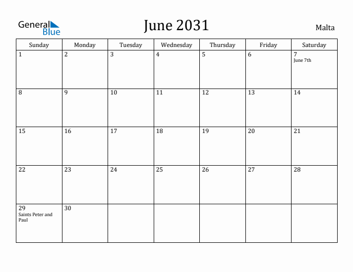 June 2031 Calendar Malta