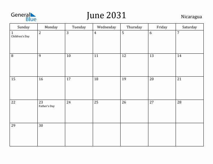June 2031 Calendar Nicaragua