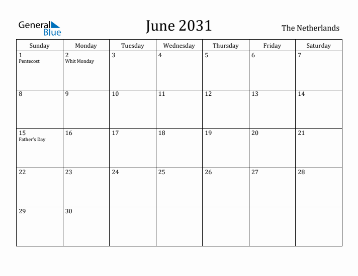 June 2031 Calendar The Netherlands