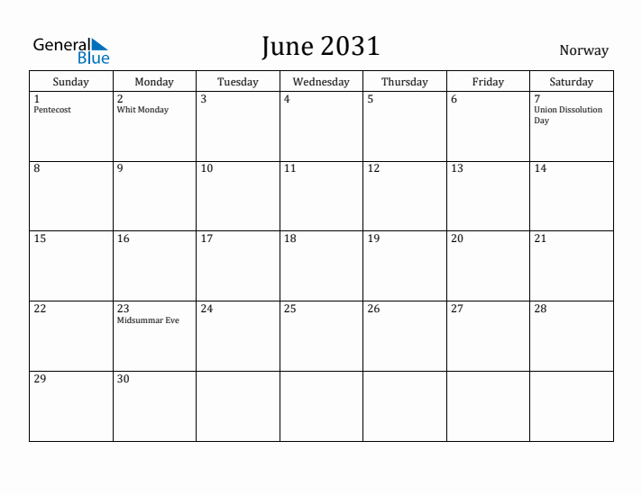 June 2031 Calendar Norway