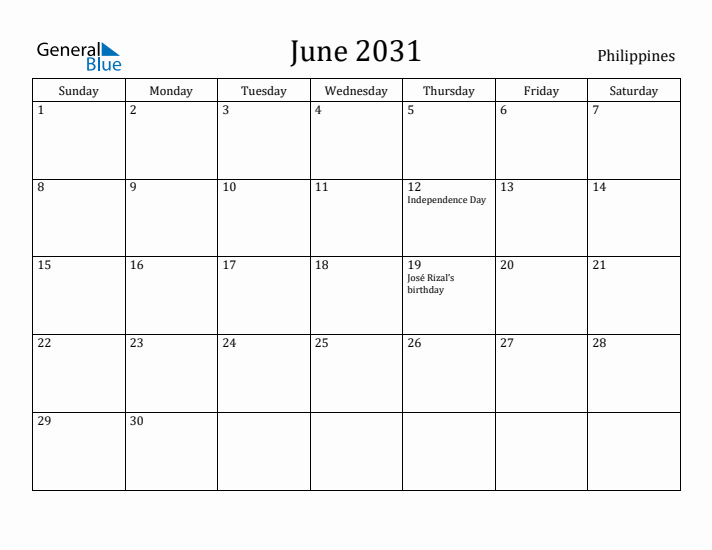 June 2031 Calendar Philippines