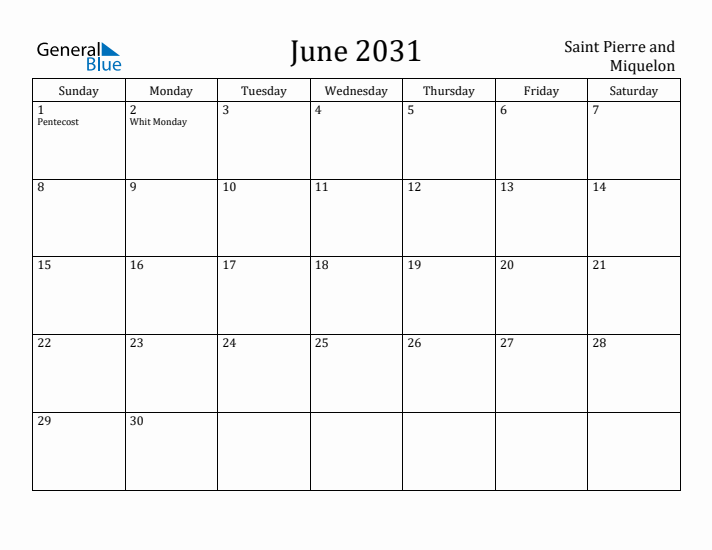 June 2031 Calendar Saint Pierre and Miquelon