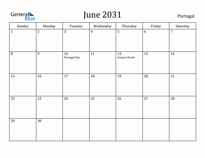 June 2031 Calendar Portugal