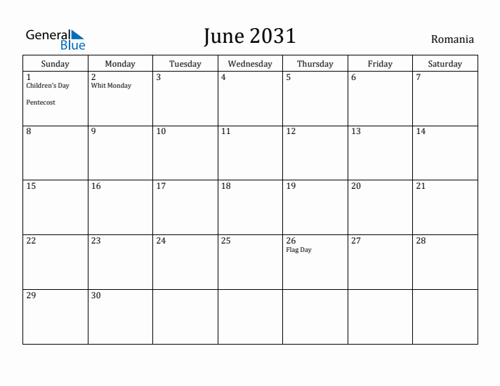 June 2031 Calendar Romania