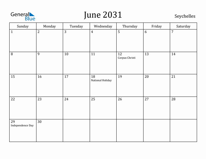 June 2031 Calendar Seychelles