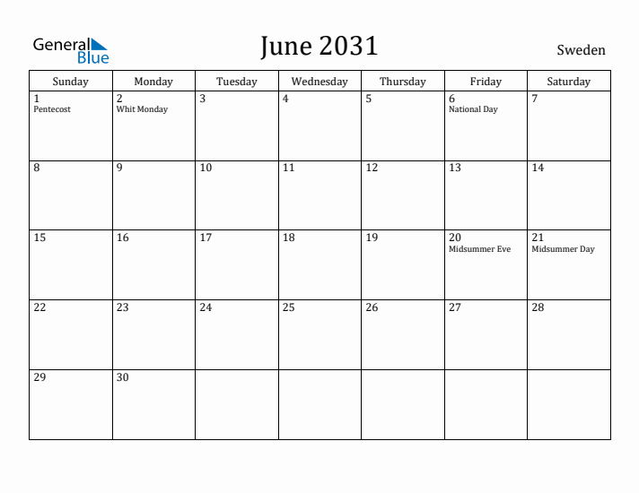 June 2031 Calendar Sweden