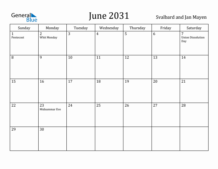 June 2031 Calendar Svalbard and Jan Mayen