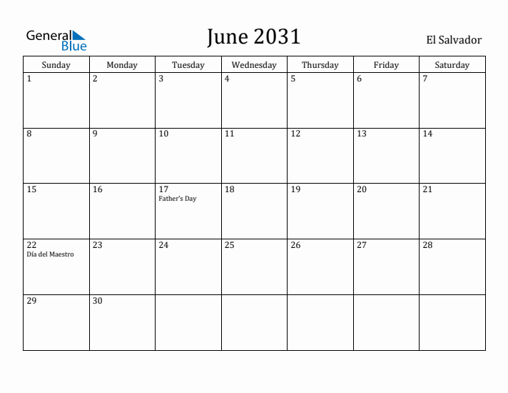 June 2031 Calendar El Salvador