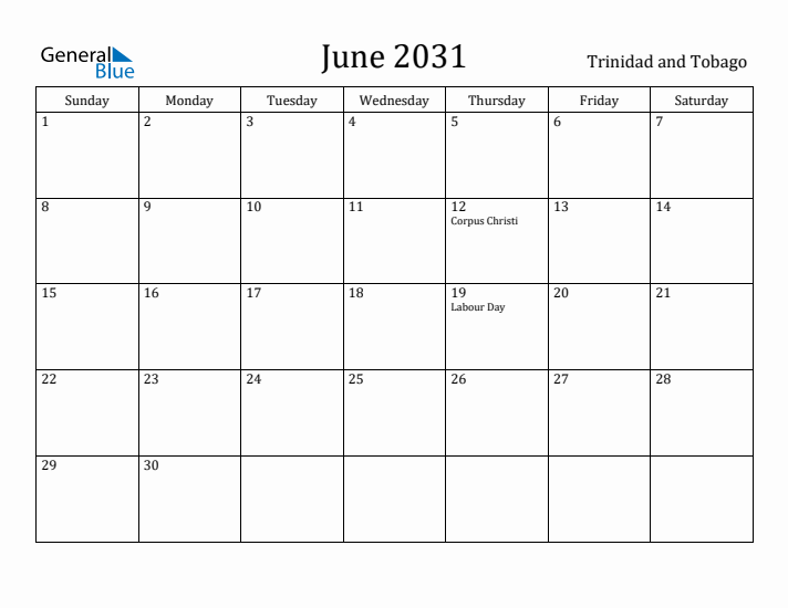 June 2031 Calendar Trinidad and Tobago