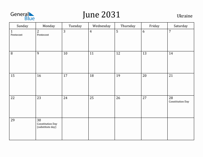 June 2031 Calendar Ukraine
