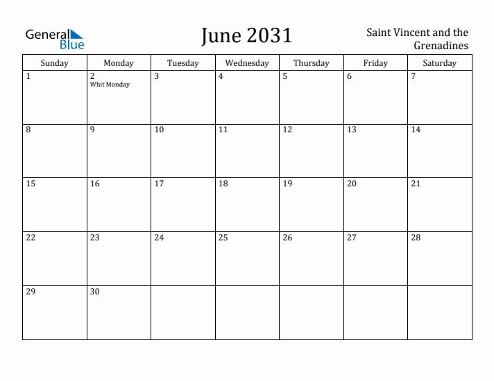 June 2031 Calendar Saint Vincent and the Grenadines