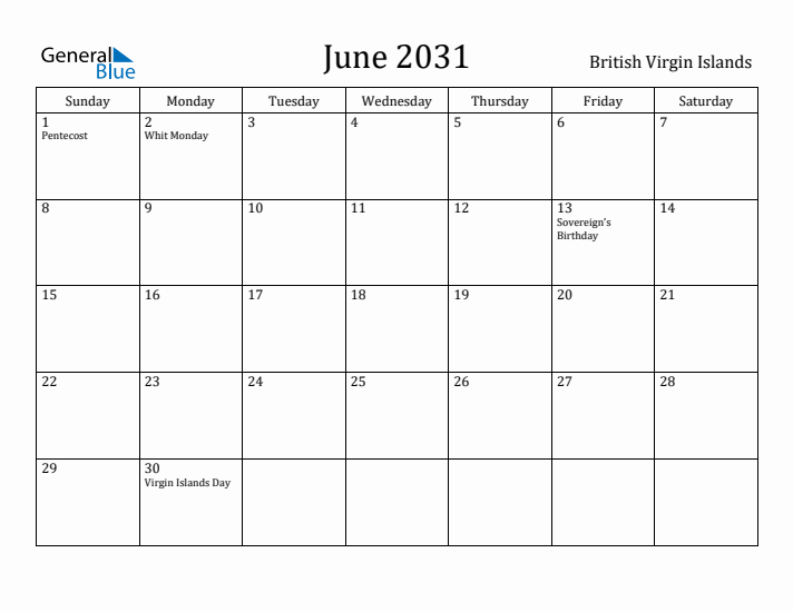 June 2031 Calendar British Virgin Islands